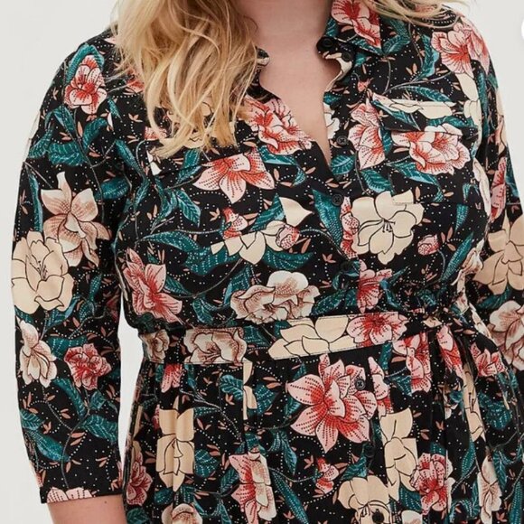 Torrid size 3 Black Floral Midi Challis Shirt Dress - Picture 2 of 8
